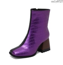 Womens Ankle Boots Block Heel Vintage Square Toe Side Zip Color Stitching Chic