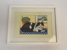 Framed Erno Tromp Print Cat with Button Black and White  Cat Kitten Moggy 