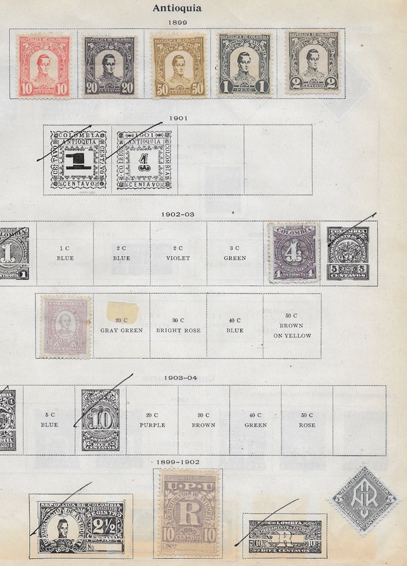 9 Colombian Republic Antioquia Stamps from Quality Old Antique Album 1899-1903