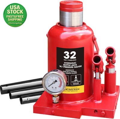 #ad 32 Ton Hydraulic Double Piston Car Bottle Jack with Pressure Gauge Red $210.70