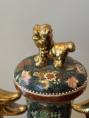 Chinese Satsuma Moriage Ceramic Brass Lidded Urn Gold Dragon Handle Foo Dog 24” - Picture 5 of 19