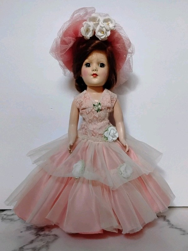Vintage 14" Original Mary Hoyer Play Doll Pink Lace Dress Roses Hard Plastic 