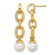 14K Yellow Gold Polished FW Cultured Pearl and Oval Links Drop Dangle Earrings