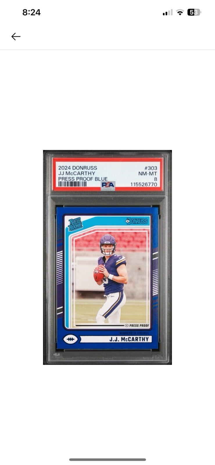 2024 Panini Donruss JJ McCarthy Press Proof Blue (PSA 8)