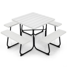 Outdoor 8-person Square Picnic Table Bench Set w/4 Benches  Umbrella Hole