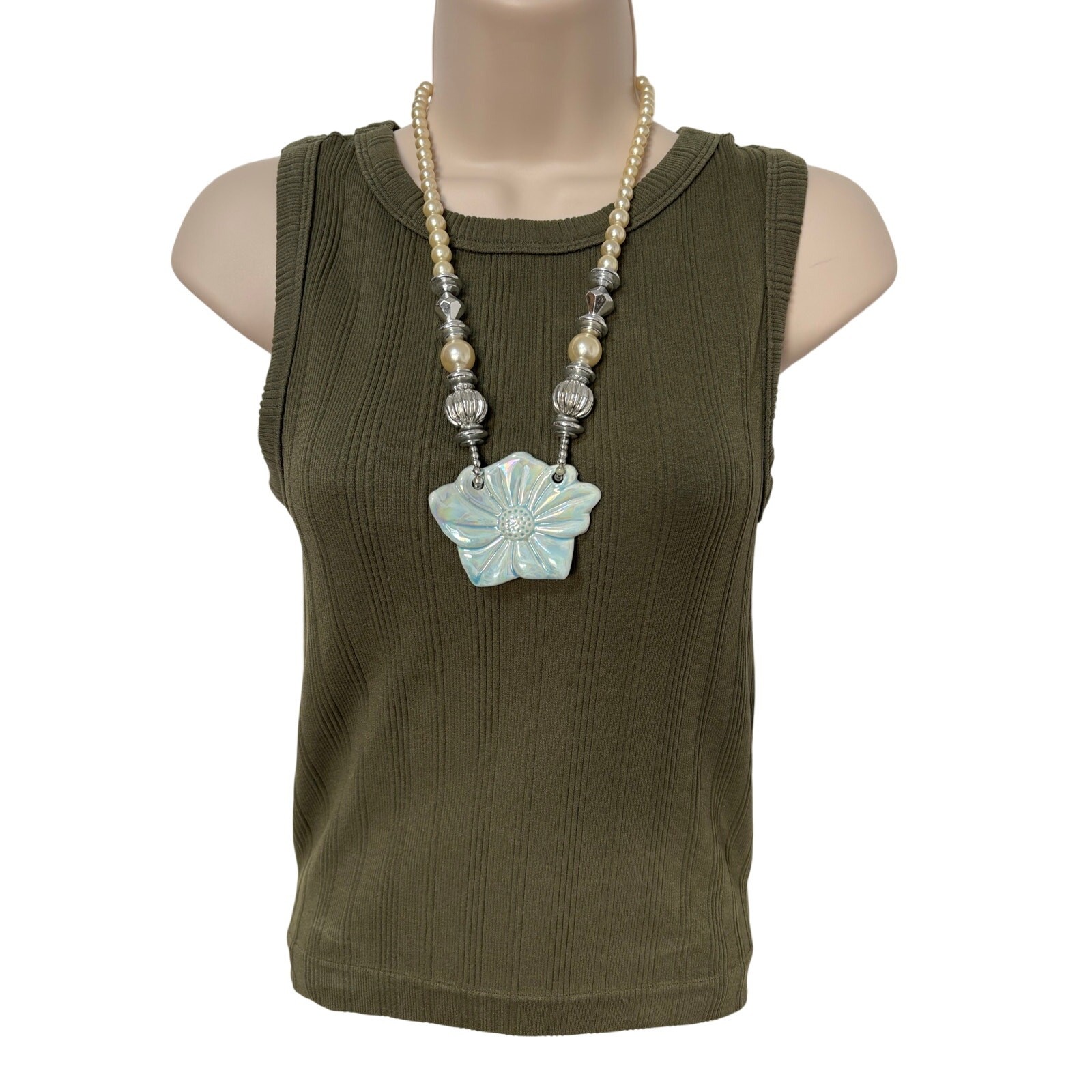 Women's Faux Pearl Blue Ceramic Flower Necklace Silver Beaded Fairy Mermaid Gift