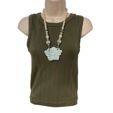 Women's Faux Pearl Blue Ceramic Flower Necklace Silver Beaded Fairy Mermaid Gift