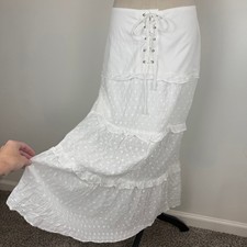 Over Kleshas White Eyelet Lace Up Tiered Boho Maxi Skirt Cottagecore Size Large