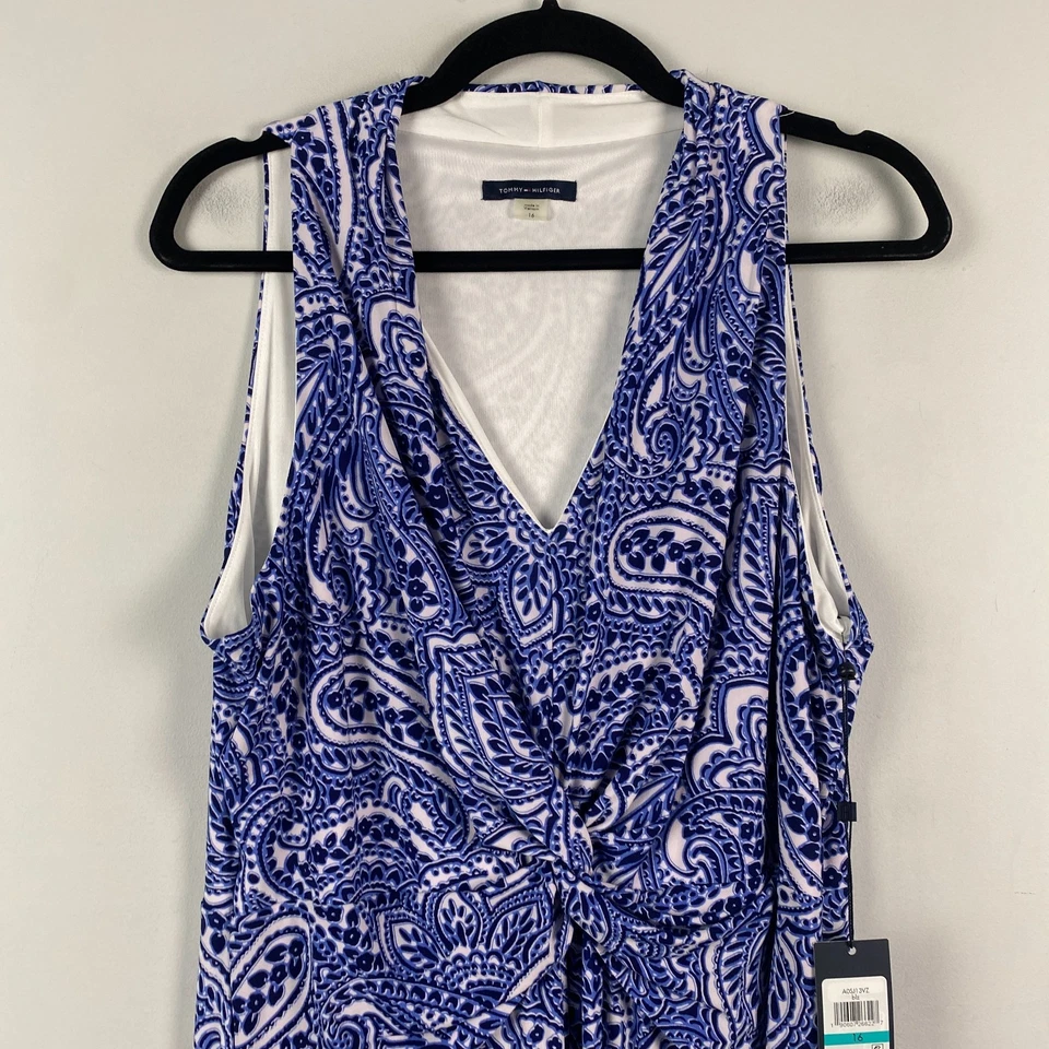 Tommy Hilfiger Blue Paisley Sleeveless Midi Dress Size 16 Sleeveless Twist Front - Image 2 of 4