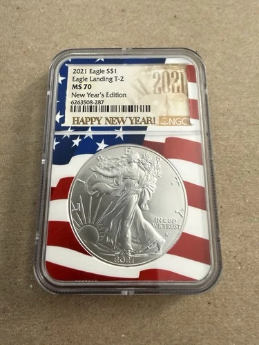 2021 $1 Silver Eagle T-2 NGC MS70 New Year's Edition Rare Flag Holder Mint!