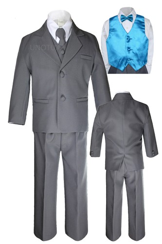 7pc Boy Teen Kid Formal Wedding Party Dark Gray Suits Color Vest Bowtie 5-20 - Picture 25 of 28