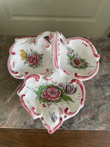 Ancien serviteur Faïence Céramique Angoulême Renoleau rose fleurs 3 compartiment - Photo 2 sur 8