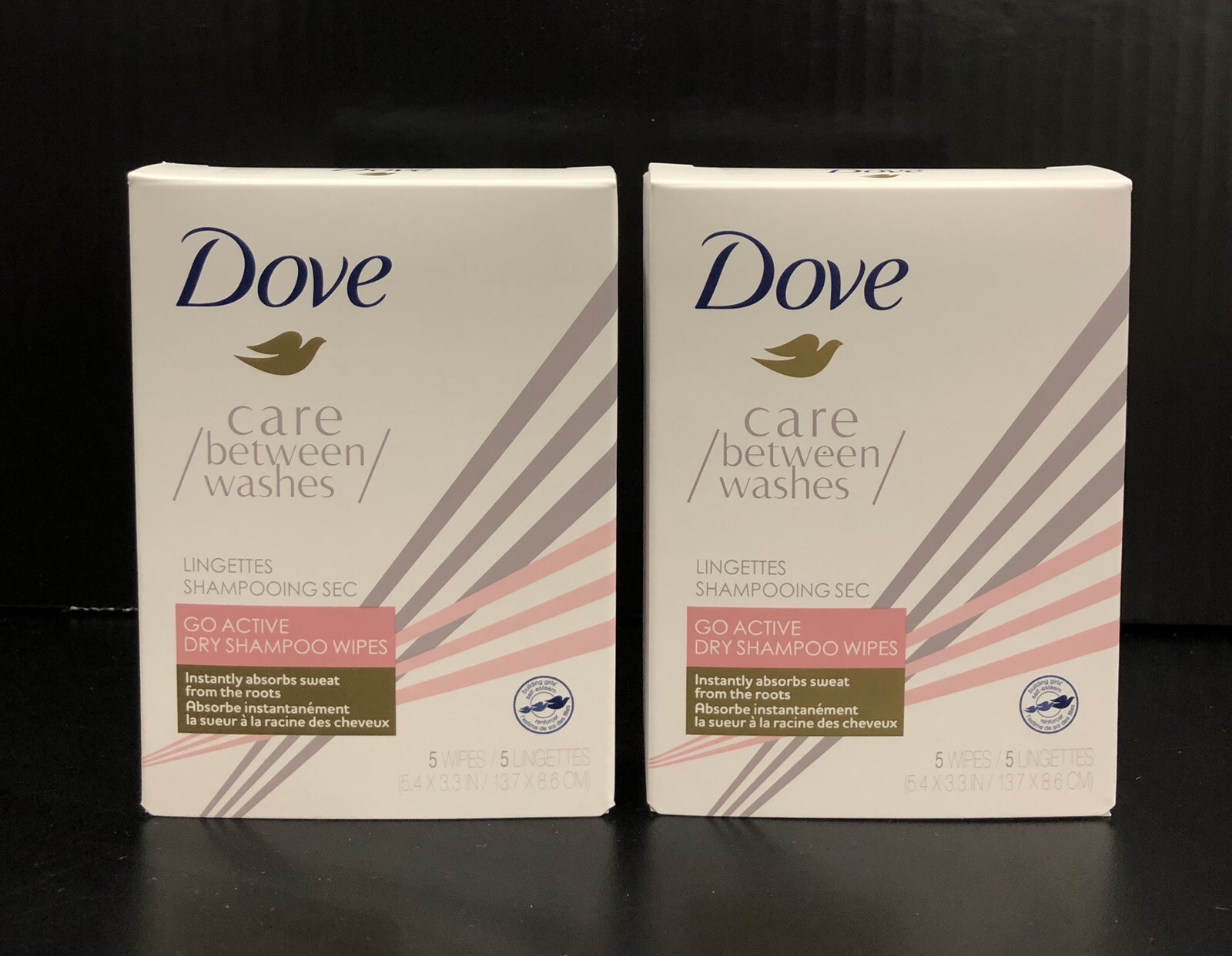 2 Pack Of Dove Care Between Washes Go Active Dry Shampoo Wipes 5 Each Pack NEW!