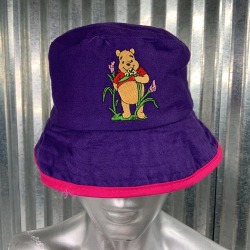 Winnie Pooh Bucket Hat Purple Embroidered Winnie Pink Trim Sun Cap Tween Small - Picture 2 of 10