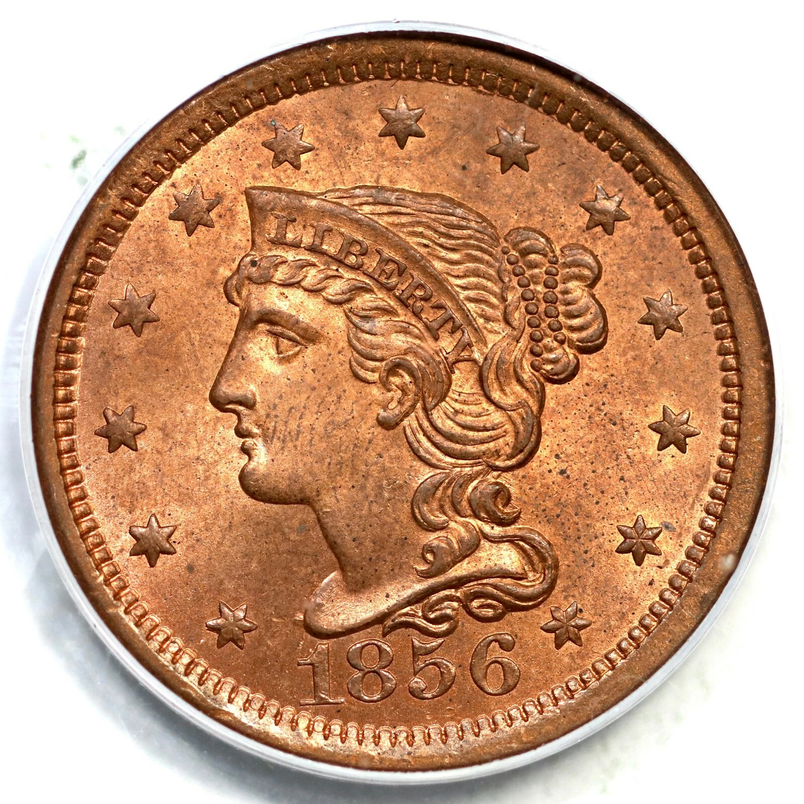 1856 N-6 R-1 PCGS MS 65 RD Upright 5 Braided Hair Large Cent Coin 1c