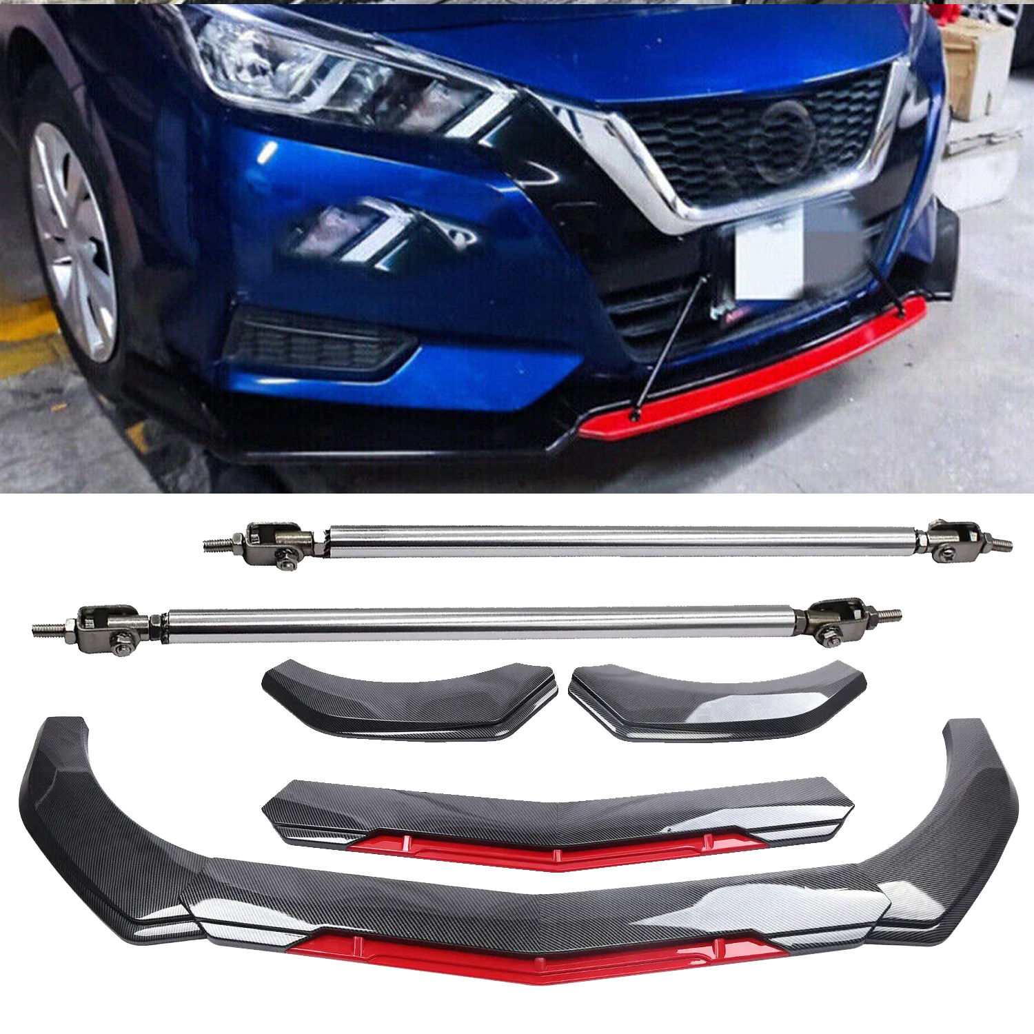 Nissan Versa Carbon Fiber Front Bumper Lip Spoiler Splitter with Strut Rod