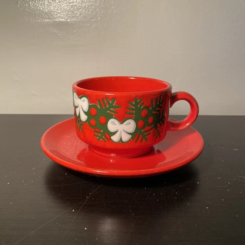 Vintage Waechtersbach Red Christmas Holly & Bow Cup & Saucer Germany Mug