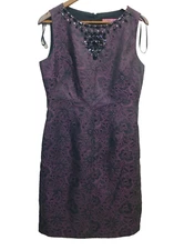 Eliza J Dress Womens 10 Floral Beaded Purple Lined Back Zippered Sleeveless