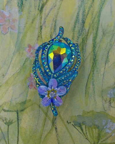 Blue FORGET-ME-NOT & PEACOCK RHINESTONE LEAF BROOCH Friendship Pin HAND PAINTED - Picture 6 of 8