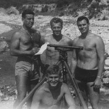 1940s Sexy Shirtless Muscular Men Group Portrait Survey Equipment River