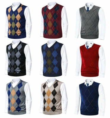 Argyle-Pullover Für Herren Golf-Strick-Tanktop V-Ausschnitt Ärmelloser ▽ - Bild 1 von 4