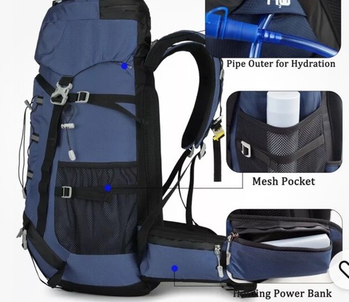 60L Hiking Camping Backpack with rain cover, Waterproof Backpack New Blue - Picture 3 of 4
