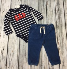 Baby Gap Boys 12-18 Months Navy Blue Logo Shirt  Soft Pull-On Denim Pants. NWT