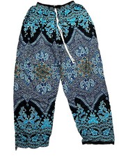 Harem Pants Pocket Elastic Waist Blue Black Paisley Large Festival Hippie Boho