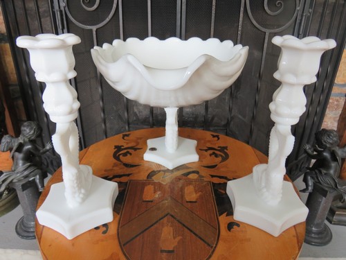 Westmoreland Milk Glass Dolphin Koi Fish 13" Shell Bowl & 9" Candle Holder Pair - Picture 6 of 24