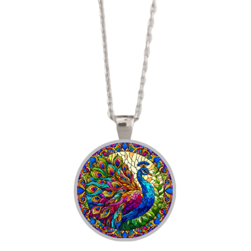Faux Stained Glass Peacock Bezel Pendant/Necklace Silver Gold Or Rose Gold Tone - Picture 4 of 7