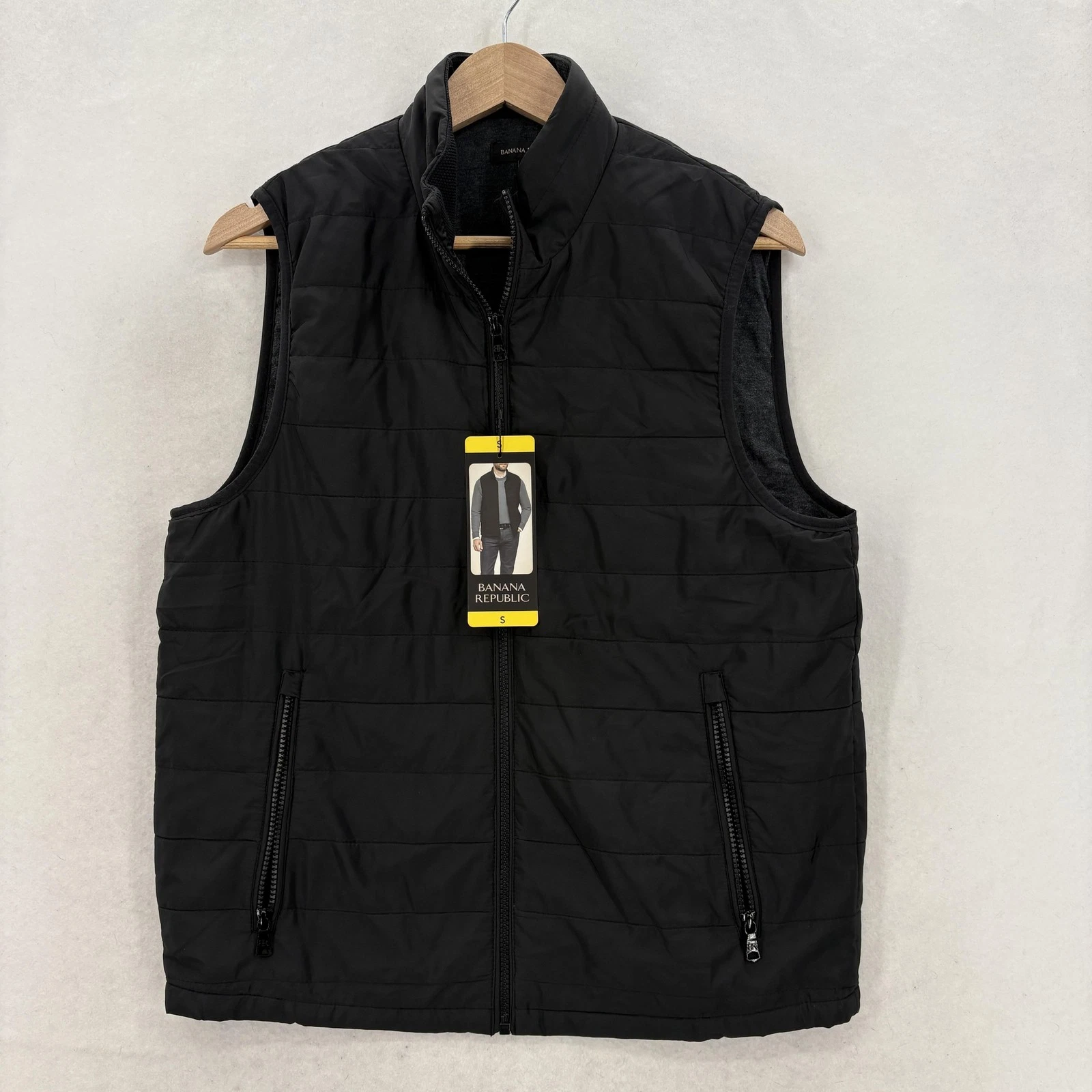 Banana Republic Vest Mens Small Black Quilted Full Zip Puffer Lined Travel Camp