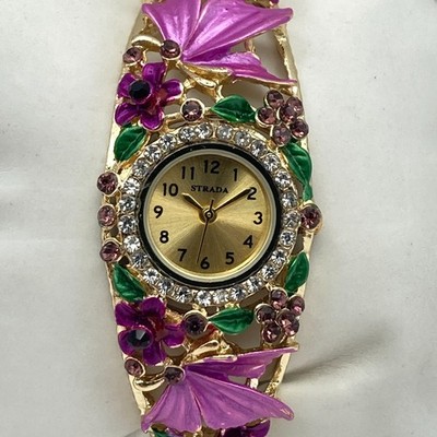Strada Womens Watch Gold Tone Purple Floral Crystals Cuff 26mm New Battery 6.75''
