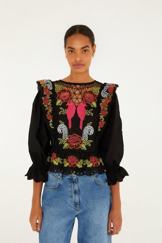 NW AUTH FARM RIO Black Mujeres Y Flores Embroidered Blouse Top Shirt LARGE L