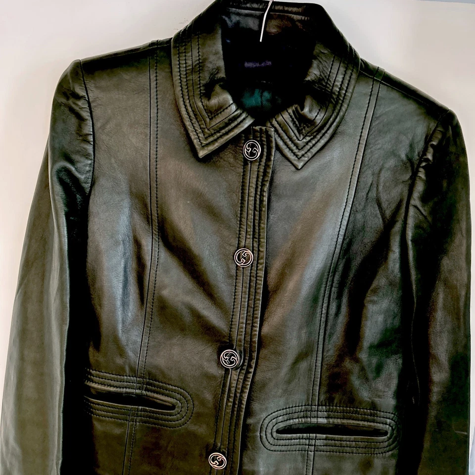 Подлинный GUCCI темно-зеленый мягкий кожаный жакет с логотипом кнопки SZ S (4-6) - Изображение 4 из 4