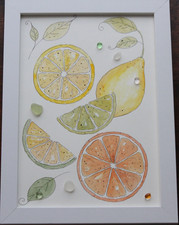 Handmade sea glass art, beach glass art, fruits, orange, lemon, framed picture