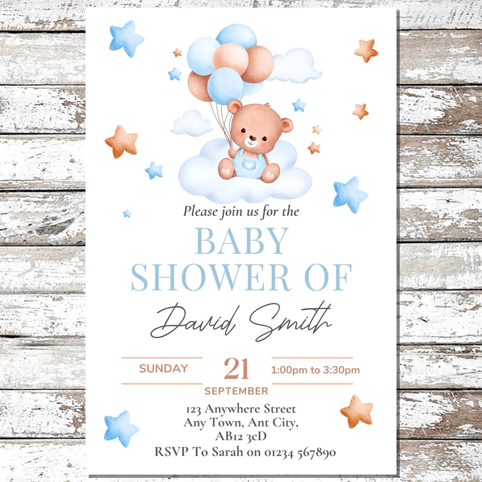 TOPACAKE 10 BLUE TEDDY PERSONALISED BABY SHOWER INVITATIONS WITH ENVELOPES INVITE