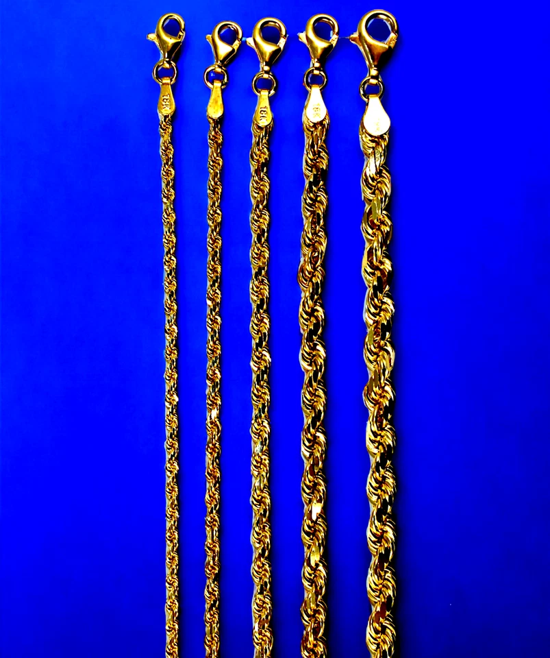 18K Yellow Gold SOLID Rope Chain Necklace Diamond Cut Real Gold 2mm-5mm 16"-30"