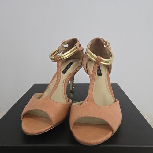 Rachel Zoe Shoes Women's 6.5 Nicole Vachetta Mirror Natural Gold Open Toe Heels - Picture 2 of 9
