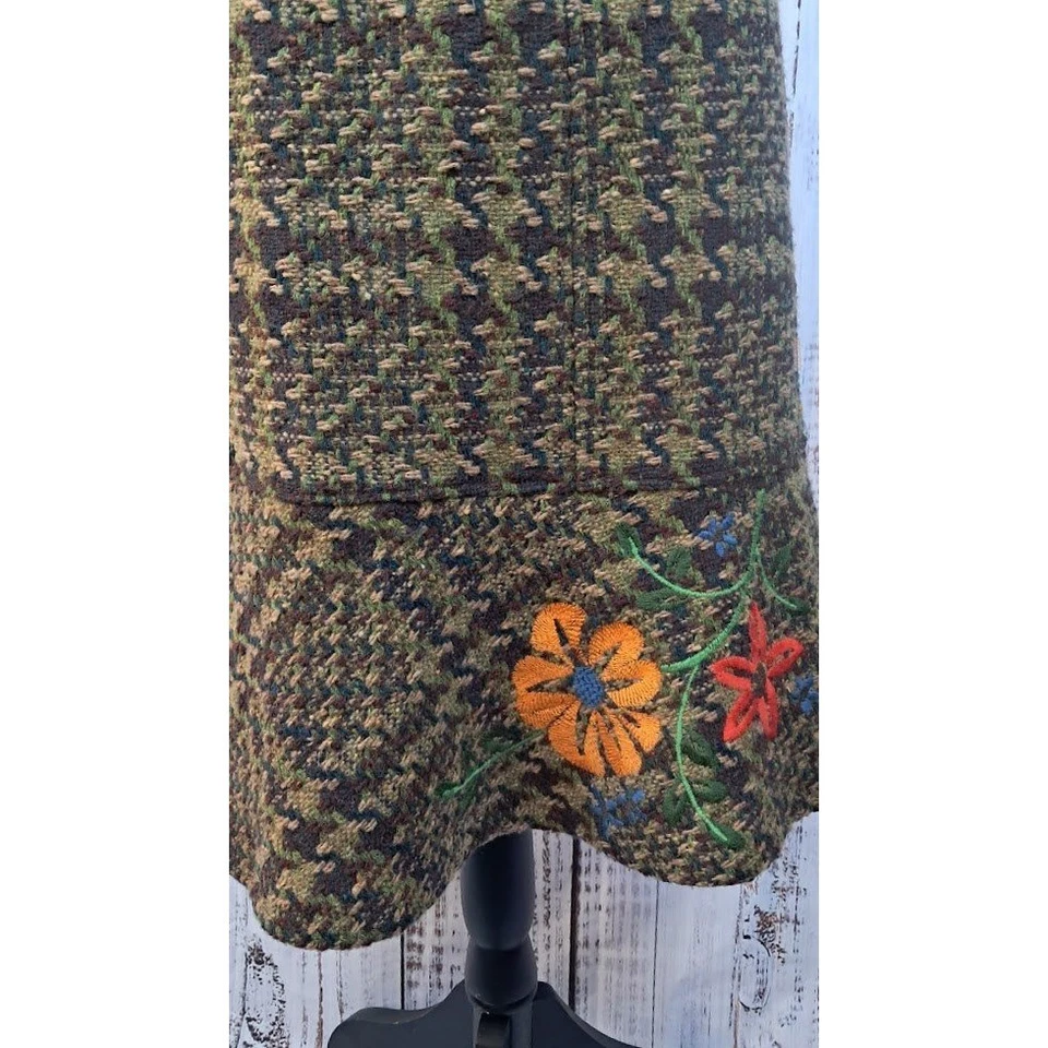 Vestido midi OILILY S marrón tweed lana pata de gallo sin mangas bordado retro Foto 3 de 4