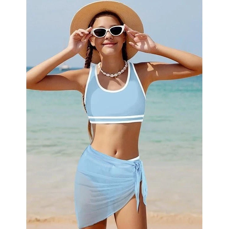 Conjunto de traje de baño azul para niños MIGU 3 piezas parte superior de natación parte inferior pareo playa cubierta 9 10 años Foto 3 de 4