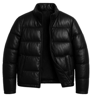 New Men s Black Genuine Leather Puffer Jacket Warm Winter Quilted Outerwear 2026