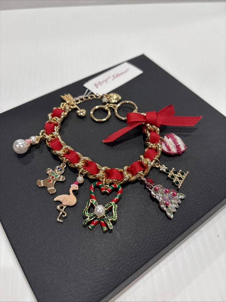 Betsey Johnson Gold Tone Holiday Charm Bracelet Ribbon Christmas Tree Flamingo - Image 3 of 4