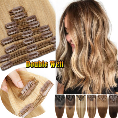 Balayage Thick Double Weft Clip In Real Human Hair Extensions Full Head 10''-24''