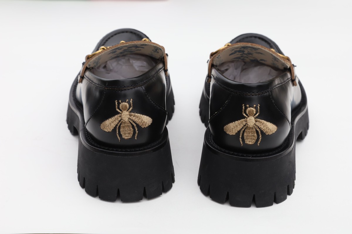 GUCCI 577236 Cordovan Lux Lug Sole Black Gold Horsebit Bee GUCCI 577236 Cordovan Lux Lug Sole Black Gold Horsebit Bee