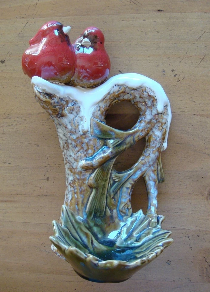 Par de cardenales de cerámica en rama nevada - plato de caramelo/soporte votivo Foto 2 de 4