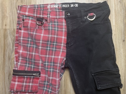 HOT TOPIC Pants 34x30 Plaid HD DENIM STINGER Goth Zippers Emo Skinny Red Black - Picture 4 of 10