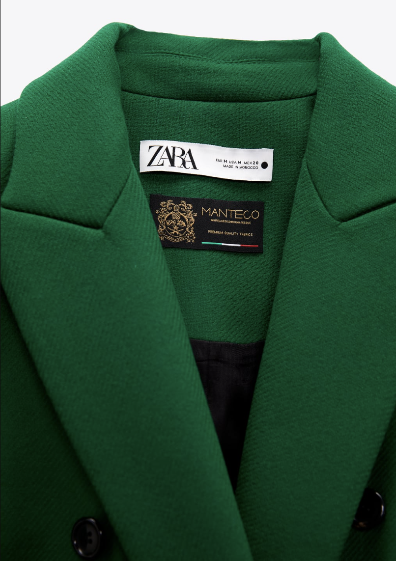 ZARA WOMEN NEW WOOL BLEND MENSWEAR STYLE COAT PREMIUM MOSS