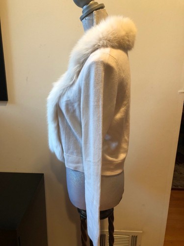 NEW C By BLOOMINGDALE CASHMERE IVORY FOX FUR TRIM BOLERO CARDIGAN SWEATER SIZE L - Picture 4 of 5