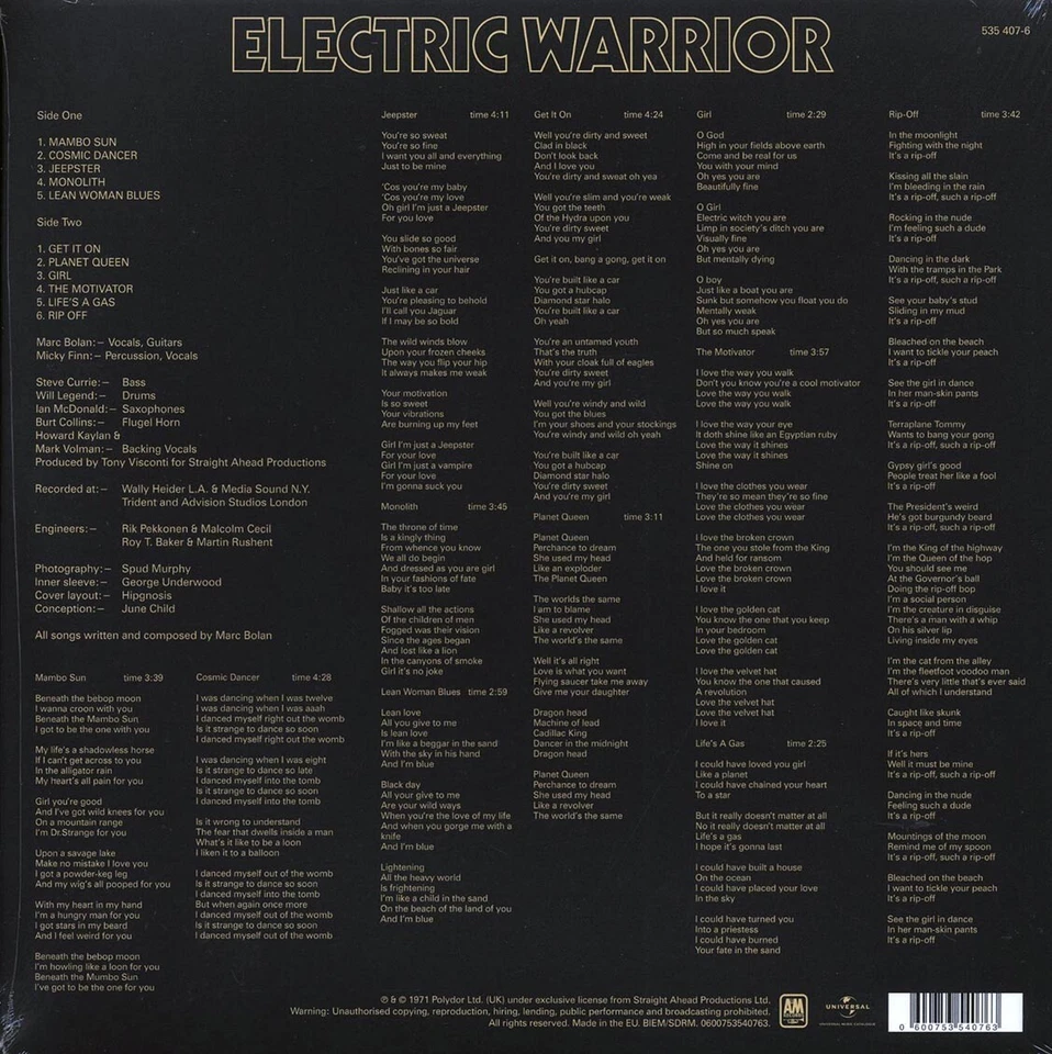T REX "ELECTRIC WARRIOR ( A&M UNIVERSAL) ORIGINALLY RECORDED 1971 180 GRAM GATEF - Image 2 of 2