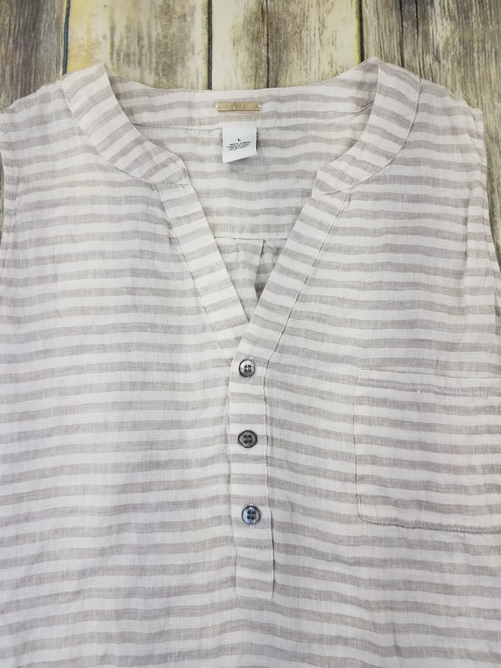 Blusa Top Magaschoni Sin Mangas Para Mujer Talla L Rayas Cuello en V 100% Lino Foto 3 de 4